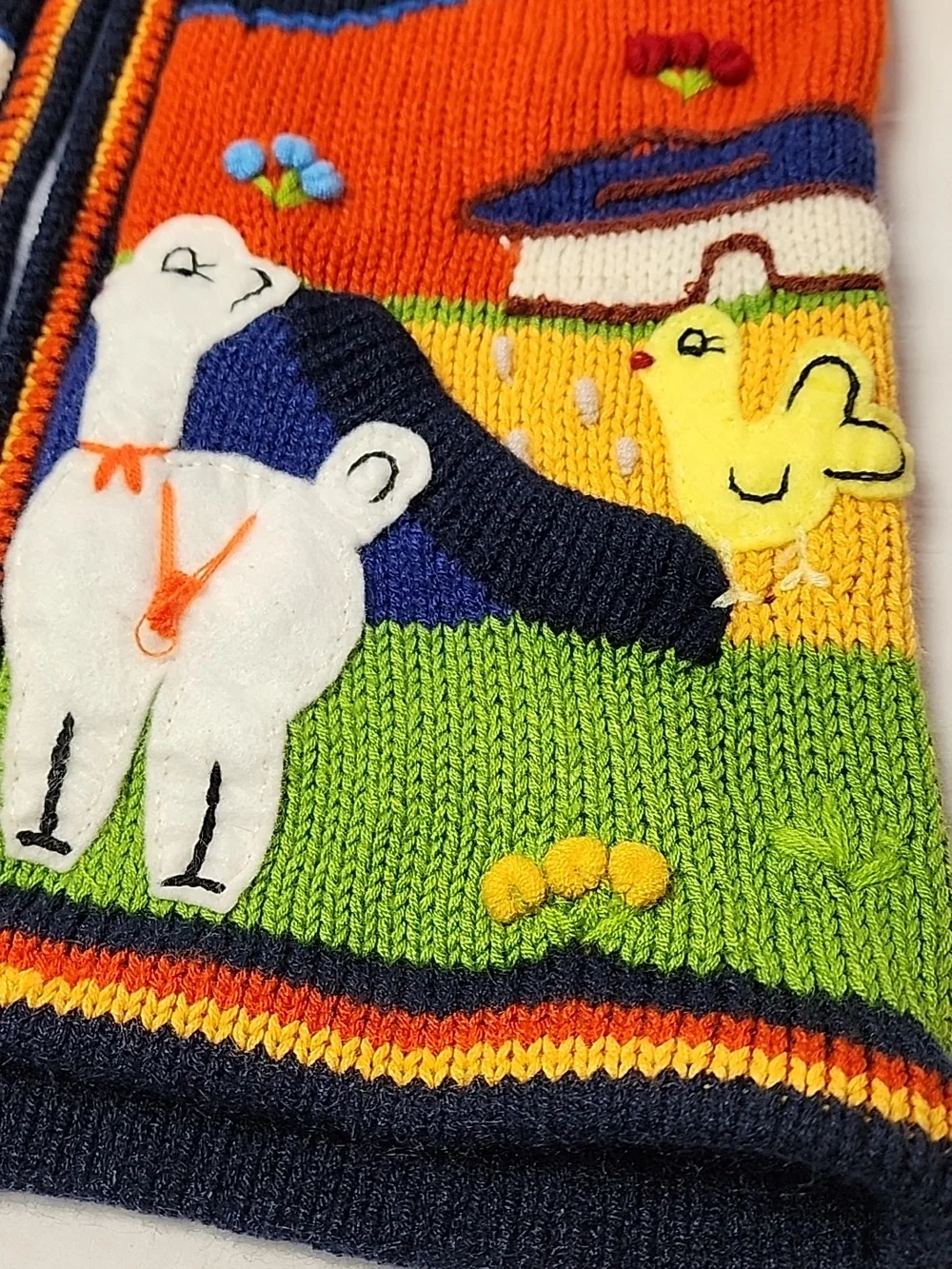 Peruvian Child's Colorful Hand-Knit Hooded Zip Cardigan Animals Rainbow Stripes - Picture 3 of 11